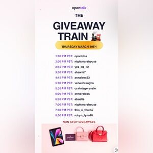 Non Stop Giveaways - Opan Bins Giveaway Train
Thursday March 19th at 630 PST